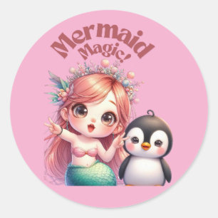 ペンギン魔法付きクリスマスマーメイドおもしろい ラウンドシール