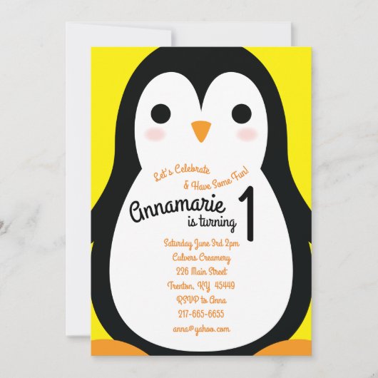 ペンギン1歳の誕生日かわいい冬の招待状 招待状 (正面)