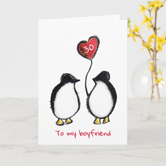 ペンギン30歳の誕生日または任意の年齢のボーイフレンドのカード カード (黄色い花)