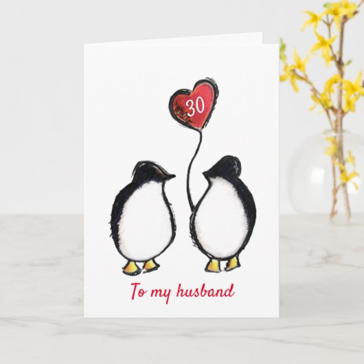 ペンギン30歳の誕生日または任意の年齢の夫のカード カード (黄色い花)