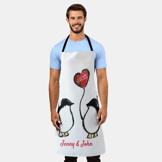 ペンギン40番目のルビー結婚又は記念日 エプロン (着用した状態)