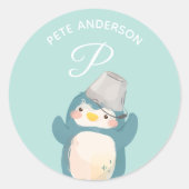 ペンギン・アルファベットモノグラムかわいい学校保育園 ラウンドシール (正面)