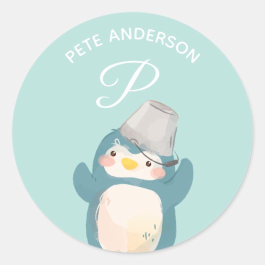 ペンギン・アルファベットモノグラムかわいい学校保育園 ラウンドシール (正面)