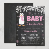 ペンギン·ウィンター·ガール·ベイビー·シャワー·チャルクボード 招待状 (正面/裏面)