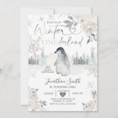 ペンギン ウィンター ワンダーランド スノーフレーク 1歳誕生日 招待状 (正面)