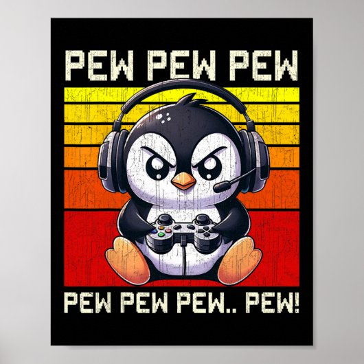 ペンギン ゲーマー Pew 楽しい ゲーム レトロ お兄さん ポスター (正面)