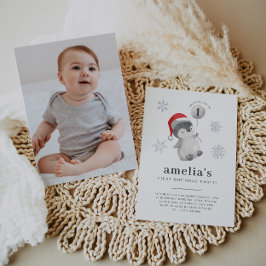 ペンギン・バルーン写真第1誕生日 招待状