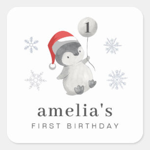 ペンギン・バルーン1歳の誕生日 スクエアシール