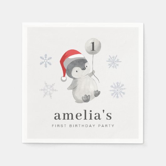 ペンギン・バルーン1歳の誕生日 スタンダードカクテルナプキン (正面)