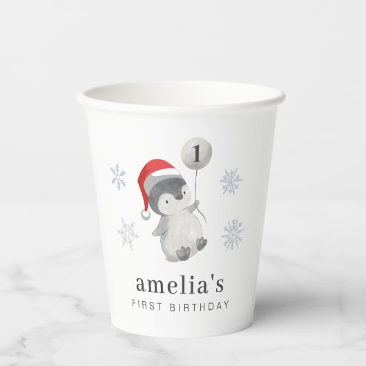 ペンギン・バルーン1歳の誕生日 紙コップ (正面)