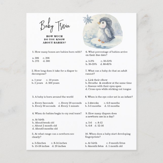 ペンギン – ベビートリビア |赤ちゃんシャワーゲーム (正面)