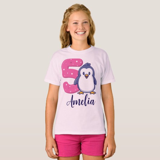 ペンギン 誕生日 おめでとう 女の子 Tシャツ 年齢5 カスタム 名前 (正面フル)