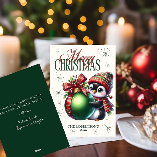 ペンギン 赤いグリーンのチェック柄 マフラー 帽子 ホリデー カード