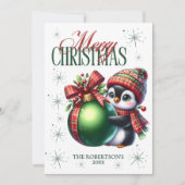 ペンギン 赤いグリーンのチェック柄 マフラー 帽子 ホリデー カード (正面)