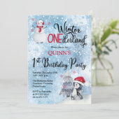 ペンギン | 雪だるま ウィンター ワンダーランド 1歳誕生日 招待状 (スタンド正面)