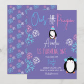 ペンギン 雪の結晶 ピンク 青 1歳の誕生日 紫 招待状 (正面/裏面)