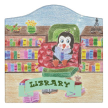 ペンギ読ン学校の図書室のドアの看板