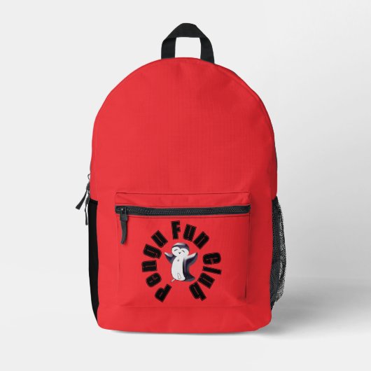 ペングハッピーペンギンおもしろいクラブ（黒 – 赤）キッズ プリントバックパック (正面)