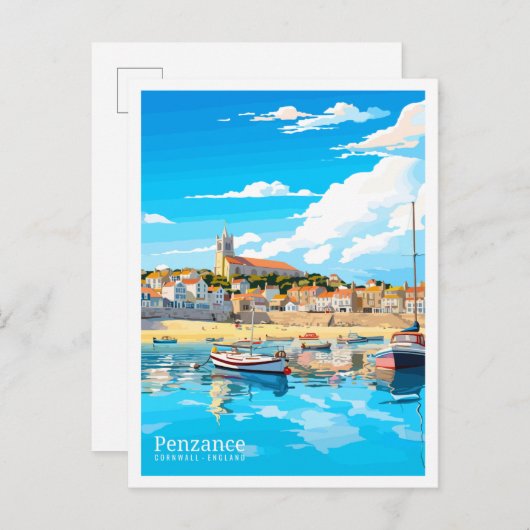 ペンザンスコーンウォールヴィンテージ旅行イラストレーション ポストカード (正面/裏面)