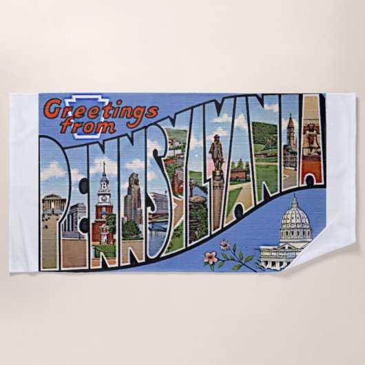 ペンシルバニア州グリーティングスレトロアカラフルート ビーチタオル (正面)