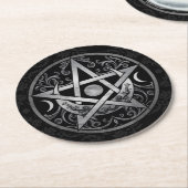 ペンタグラムオーナメント-シルバーとブラック ラウンドペーパーコースター (アングル)