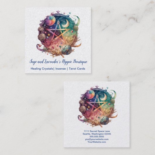 ペンタグラム、ムーン、アース・スクエア・ビジネス・カード スクエア名刺 (正面/裏面)