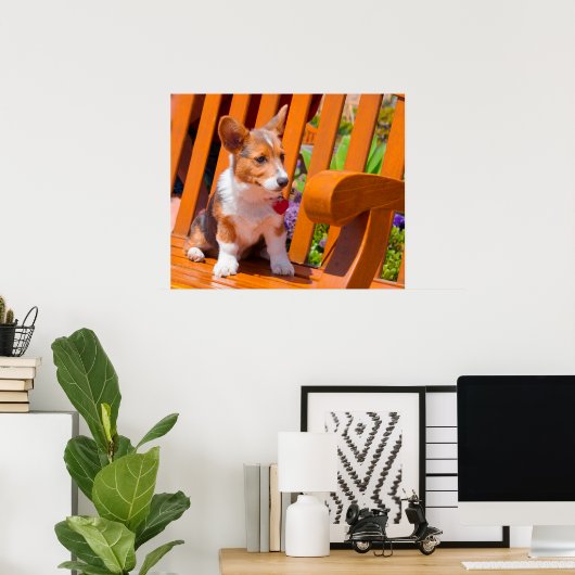 ペンブレークウェルシュコーギーの子犬が公園のベンチに座って ポスター (ホームオフィス)