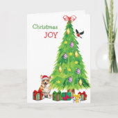 ペンブローカウェルシュコーギーの犬、鳥、クリスマスツリー シーズンカード (正面)