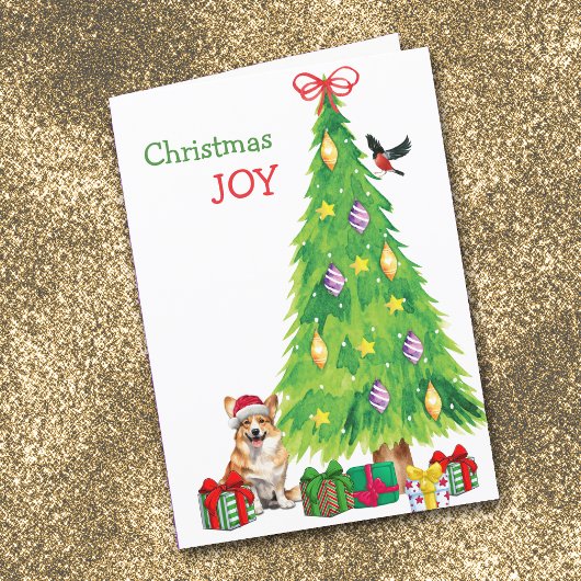 ペンブローカウェルシュコーギーの犬、鳥、クリスマスツリー シーズンカード