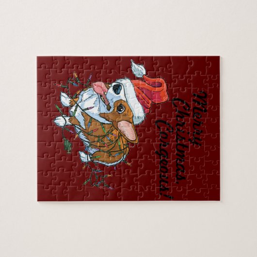 ペンブロークのウェルシュコーギーの子犬のクリスマスのクリスマスライト ジグソーパズル (横)