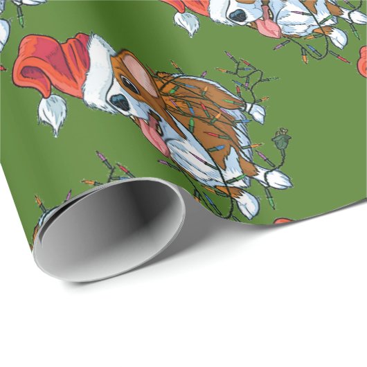 ペンブロークのウェルシュコーギーの子犬のクリスマスのクリスマスライト ラッピングペーパー (ロールコーナー)