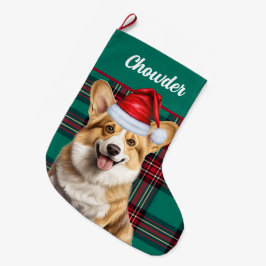 ペンブロークウェルシュコーギーグリーンプレイドと犬の名前 ラージクリスマスストッキング
