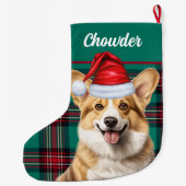 ペンブロークウェルシュコーギーグリーンプレイドと犬の名前 ラージクリスマスストッキング (裏面)