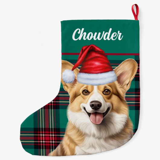 ペンブロークウェルシュコーギーグリーンプレイドと犬の名前 ラージクリスマスストッキング (裏面)