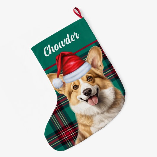 ペンブロークウェルシュコーギーグリーンプレイドと犬の名前 ラージクリスマスストッキング (裏面 (吊り時))
