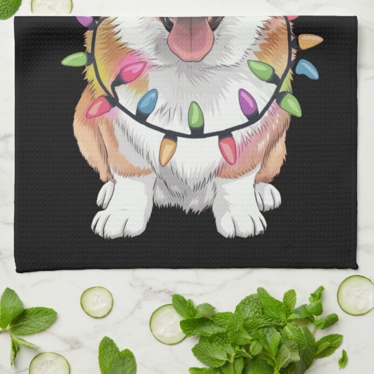 ペンブロークウェルシュコーギーサンタのクリスマスツリーライト キッチンタオル (折り畳み)