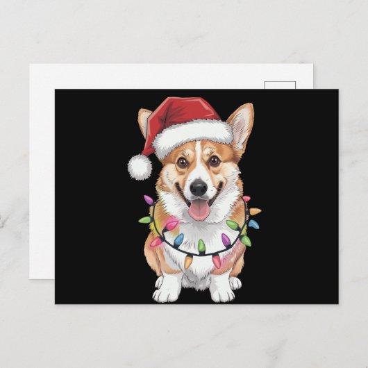ペンブロークウェルシュコーギーサンタのクリスマスツリーライト シーズンポストカード (正面/裏面)