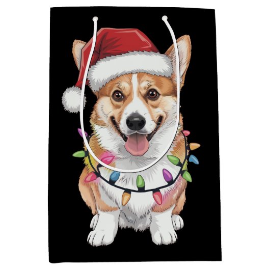 ペンブロークウェルシュコーギーサンタのクリスマスツリーライト ミディアムペーパーバッグ (正面)