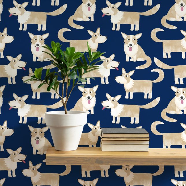ペンブロークウェルシュコーギードッグパターン 壁紙 (Pembroke Welsh Corgi dog fun peel and stick wallpaper for animal and pet lovers)