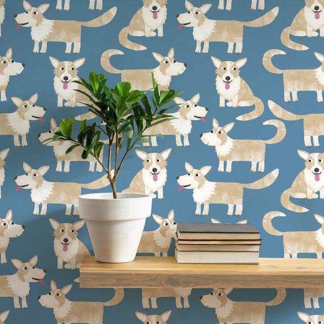 ペンブロークウェルシュコーギードッグパターン 壁紙 (Pembroke Welsh Corgi dog fun peel and stick wallpaper for animal and pet lovers)