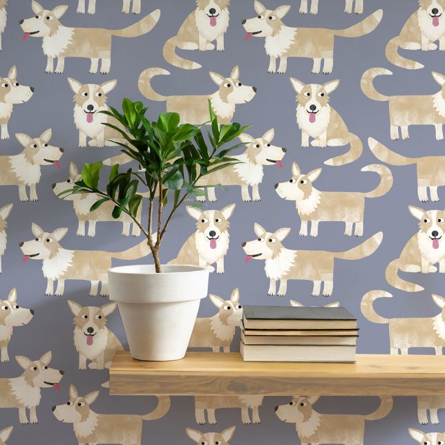 ペンブロークウェルシュコーギードッグパターン 壁紙 (Fun corgi dog peel and stick wallpaper)