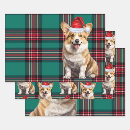 ペンブロークウェルシュコーギードッグホリデープレイドクリスマス ラッピングペーパーシート (セット)
