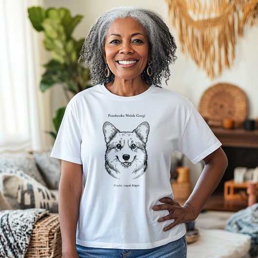 ペンブロークウェルシュコーギーポートレートブラックラインイラストレット Tシャツ