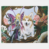 ペンブロークウェルシュコーギー妖精ファンタジー フリースブランケット (正面(横))