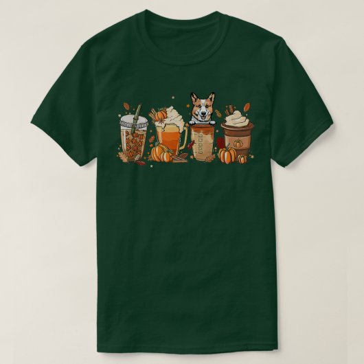 ペンブロークウェルシュコーギー秋コーヒーハロウィンカボチャ Tシャツ (デザイン正面)