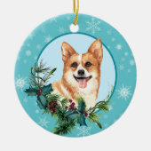 ペンブロークコーギエバーグリーンブルースノーフレーク縁ど セラミックオーナメント (正面)