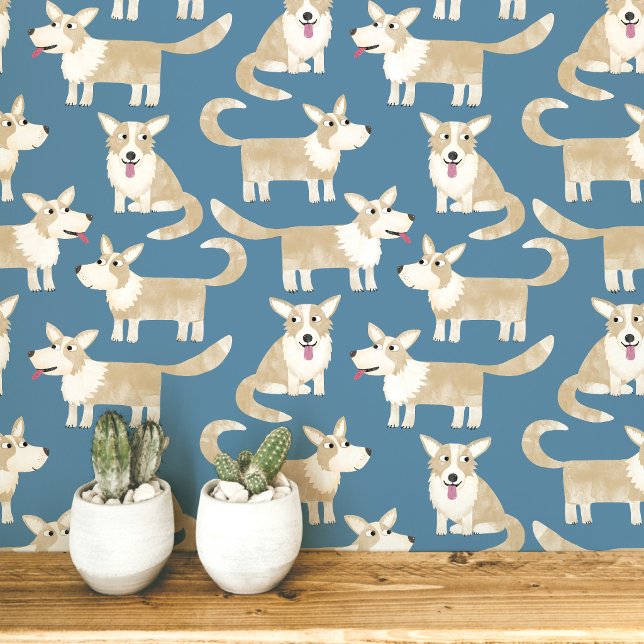 ペンブローク・ウェルシュ・コーギー犬のパターン 壁紙 (Pembroke Welsh Corgi dog fun peel and stick wallpaper for animal and pet lovers)