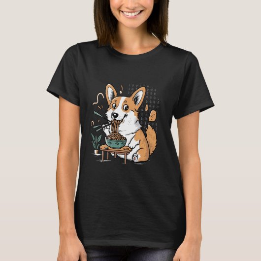 ペンブローク・ウェルシュ・コーギー・ラーメン大好きおもしろ犬 Tシャツ (正面)