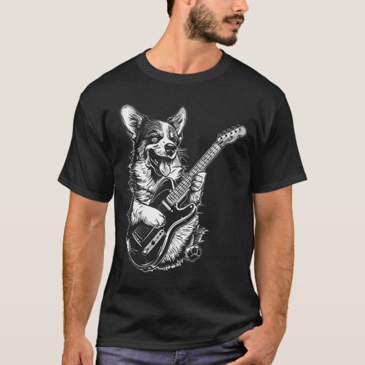 ペンブローク・ウェルシュ・コーギー 犬 エレキギター Tシャツ (正面)
