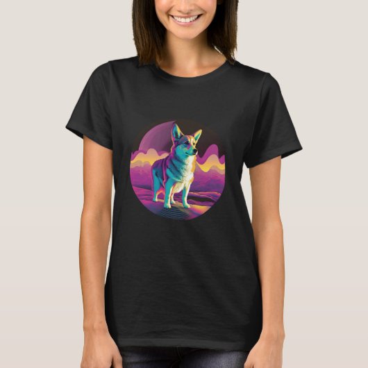 ペンブローク・ウェルシュ・コーギー Synthwave 80年代レトロウェーブ風 Tシャツ (正面)